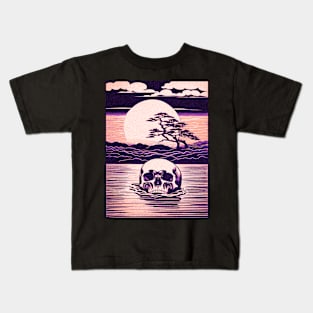 Skull Serenity Vaporwave Woodblock Print Kids T-Shirt